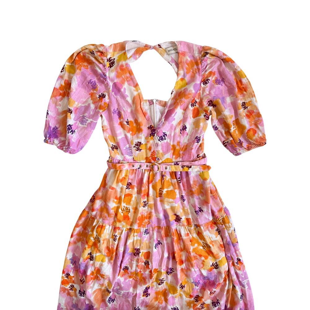NICHOLAS Celie Floral Linen Blend Midi Dress Pink Orange Belted Size 8 - Picture 4 of 12